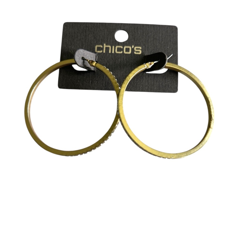 Chico's Distressed Gold Tone With Rhinestine Snap Hoop Earrings - Picture 2 of 11